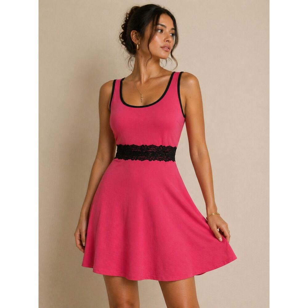 Vibe Pink Fit Flare Dress Black Lace Waist Sleeveless Size L